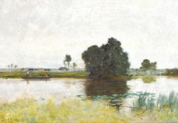 John M. Bromley (1858-1939) British, Figures punting on a tree lined river, oil on canvas signed,