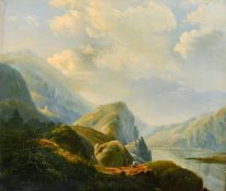 19th /20th century English school. A landscape study of figures crossing a mountain path, oil on