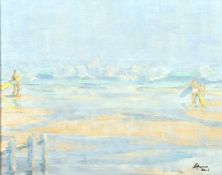 Barbara Haines (20th century) Falmouth, 'The Surf Bathers', A scene of figures on a beach, oil on