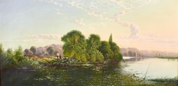 Edwin Henry Boddington (1836-1905) British, Anglers by a river with sailboats beyond, oil on canvas,