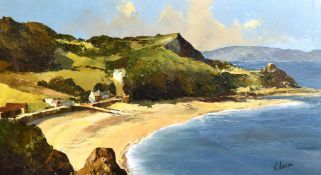 20th century British school, A view of a sandy cove with cottages and a rocky headland, oil on