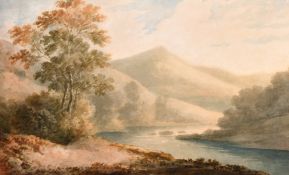 Circle of Copley Fielding, A river landscape with hills beyond, watercolour, 7