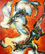 Carenza (20th Century) 'Cocks Fight', An abstract study of movement, oil on board, signed and