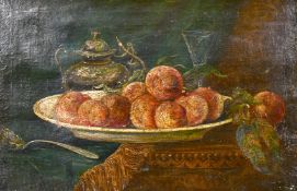 Late 19th/ early 20th century school, A still life composition of fruit and various vessels, oil
