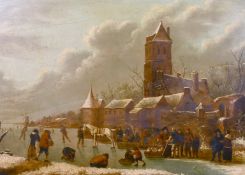 17th Century Dutch school, Figures on a frozen waterway with town buildings and a windmill beyond,
