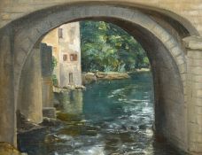 20th century school, A view of a river landscape as seen through a bridge, oil on canvas,