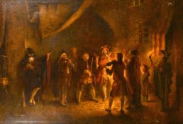 Early 20th century continental school, circa 1925, A scene of musicians playing by firelight oil