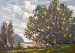 John Brown (1887-1966) British, A study of trees by a lake with rowing boats in the foreground,