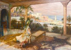 20th century school, A figure on a terrace overlooking An Eastern port town, oil on canvas,