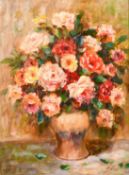 20th century school, A still life of roses in a vase, oil on canvas, indistinctly signed, 17
