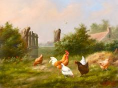 Hilaire Bols (20th century) Dutch, A scene of chickens by a gate in a field, oil on panel, signed.