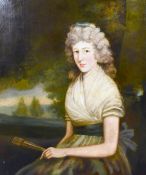 Early 19th century school, A portrait of a seated lady holding a fan with a landscape beyond, oil on