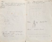 Circle of John Ruskin, Architectural views in France, a kneeling figure and an architectural sketch,