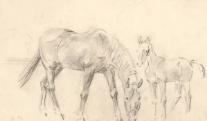 Circle of Lionel Edwards, A study of a mare and a foal, pencil drawing, 4.75