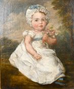 19th century school, Portrait of a child holding flowers in a landscape, oil on canvas, 16