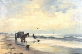 Cornelius Schipper (b. 1915) Danish, A horse and cart on a beach with a figure gathering seaweed,