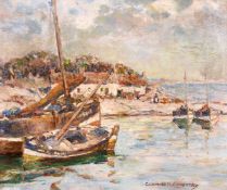 Gertrude Mary Coventry (1886-1964) Scottish, a coastal scene with boats and figures beyond, oil on