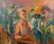 Phyllis Bray (1911-1991) British, A scene of a boy holding a basket in a field of sunflowers, oil on