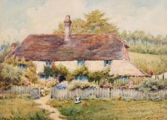 H. Hughes Richardson (1882-1964) British, A country cottage with a garden in bloom with a seated