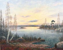 20th century 'Lake Dalrymple, Canada', A lake view at sunset, oil on canvas, indistinctly signed,