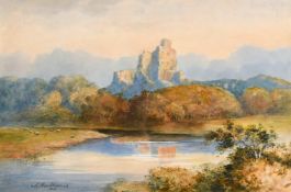 J MacDiarmid (19th/20th century) A view of castle ruins on a hilltop with a river and grazing sheep,