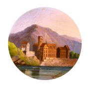 19th century German school, A view of the town of Gundorf with distant mountains, oil on metal,