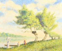 Eric Oldham (20th century) British, Figures and a boat by a tree lined river, oil on canvas,