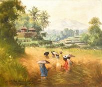 Mid-20th century Indonesian School, Figures working in a field, oil on canvas, indistinctly