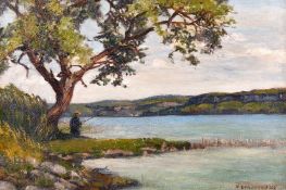 H. Ethevenoux (French), A scene of an angler by a river, oil on canvas, signed, 14.5