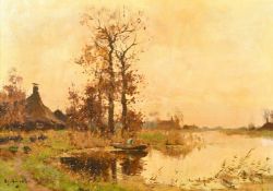 19th/20th century Dutch school, A scene of figure in a boat with trees and cottages, oil on canvas