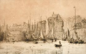 William Lionel Wyllie (1851-1931) English, A dockyard with figures tending their boats, etching,