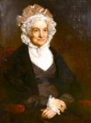 19th century English school, A portrait of a seated lady in a bonnet, oil on canvas, 36