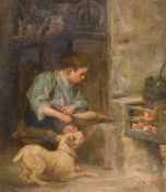 Robert Easton Stuart (1890-1940) British, A young boy in a cottage interior stoking a fire, oil on
