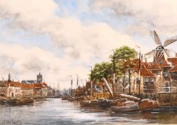 Jan Van Couver (1864-1910) Dutch, A Dutch Port scene with moored boats and buildings, watercolour,