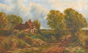 J. Naish, circa 1903, 'Lane Near Coleshill', A wayfarer on a country path by a cottage, oil on