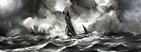 20th century British school, a Thames barge running for cover in rough seas, oil on board,