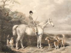 An Engraving by Edward Hacker after W & H Barraud of a huntsman on his horse with hounds, engraving,