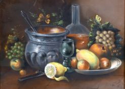 19th century school, A still life study of mixed objects including fruit and butterflies, pastel,