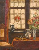 Gerard Prevenier (early 20th century) A study of an interior with flowers by a window, oil on