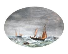 19th century school, A set of three oil on board marine scenes with fishing boats in choppy seas,
