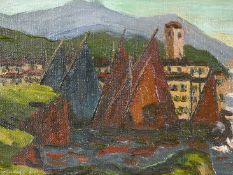 Fritz Scherer (1877-1929) German, Boats in a lagoon with buildings beyond, oil on panel, signed