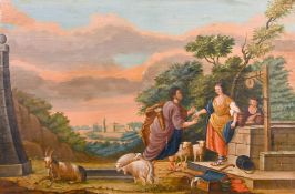 19th century German school, Figures by a well with a town beyond, oil on panel, 17.5