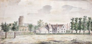 Early 19th century British, a landscape depicting Shalford Mill with a church beyond, watercolour,