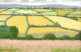 Robert Morson Hughes (1873-1953) British, Farmland with a village beyond, oil on panel, signed, 6.5