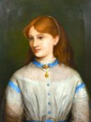 19th century school, A bust length portrait of a girl wearing a locket with the letters AEI, oil