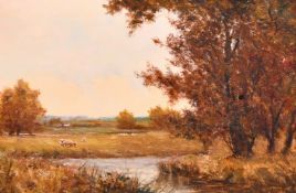 W. Martin, A pair of oil on board scenes of sheep and cattle grazing by a river, signed, each 12