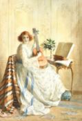 Catherine B. Gully (early 20th century) British, 'The Guitar Player', A lady in a lavish interior,