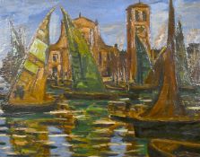 Fritz Scherer (1877-1929) German, Sailboats in harbour with mountains beyond, oil on board, signed