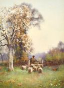 Benjamin Sigmund (1857-1947) British, A Shepherd and his flock beneath blossom, watercolour, signed,