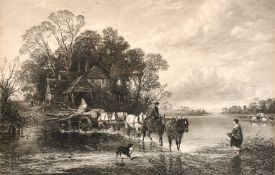 Nineteenth century English school, An engraving of a horse and cart crossing a river, 17.5